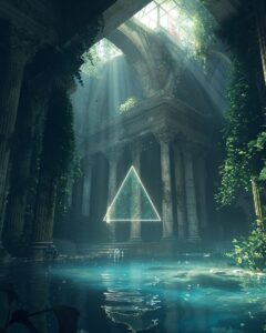 In a mist-covered vast abandoned classical hall with Ionic columns and arches, h...
