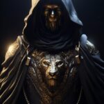 Zodiac Sign Lion avatar man character, full body, gothic, black and gold, hooded...