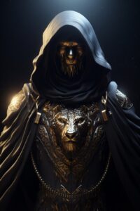 Zodiac Sign Lion avatar man character, full body, gothic, black and gold, hooded...