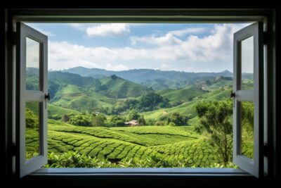 Open white window, outside the window there is a view of the tea plantation --ar...