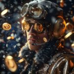a handsome stylized aviator , background with falling bitcoins, photorealism, hy...