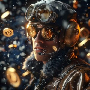 a handsome stylized aviator , background with falling bitcoins, photorealism, hy...