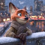 PromptAnthropomorphic fox (Nick Wilde from Zootopia) leaning on a snow-covered b...