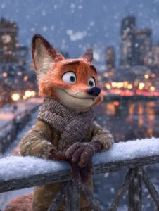 PromptAnthropomorphic fox (Nick Wilde from Zootopia) leaning on a snow-covered b...