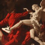 Epic scene, art depicts a classical painting, The painting shows an angelic woma...