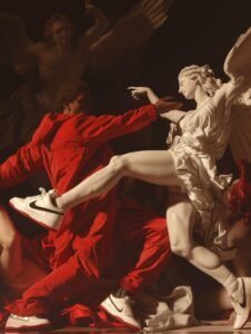 Epic scene, art depicts a classical painting, The painting shows an angelic woma...