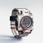 Old scruffy robotic digital watch held together with tape and wire with a digita...