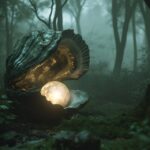 a giant pearl oyster with a glowing pearl and entire universe inside lies in a f...