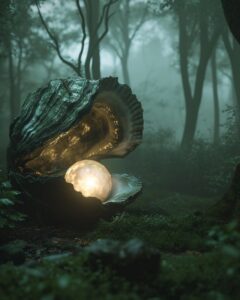 a giant pearl oyster with a glowing pearl and entire universe inside lies in a f...