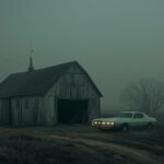 a distant derelict misty rural American ghost town, farm barn with 70's automobi...
