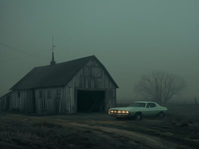 a distant derelict misty rural American ghost town, farm barn with 70's automobi...