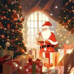 Christmas poster, flat illustration, cute Santa Claus giving gifts to children, ...