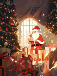 Christmas poster, flat illustration, cute Santa Claus giving gifts to children, ...