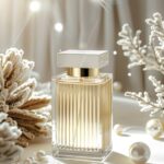 A glass perfume bottle with a white rectangular cap and gold accents, featuring ...