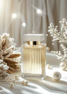 A glass perfume bottle with a white rectangular cap and gold accents, featuring ...