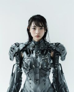 Beautiful japanese cyborg girl wearing brand new combat armour, synthetic skin p...
