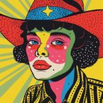mid-century portrait of a sad cosmic clown cowgirl, bold black outlines, flat co...