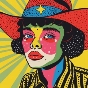 mid-century portrait of a sad cosmic clown cowgirl, bold black outlines, flat co...