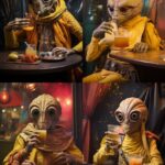 a snail faced alien sips a drink in a cantina, vintage star wars style, 80's cos...