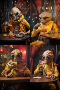 a snail faced alien sips a drink in a cantina, vintage star wars style, 80's cos...