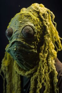 Portrait photography of star wars creature, made of slime mold, dreads, directed...