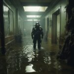 Vhs screengrab of 1970's film, interior hospital hallway with a 19th century dee...