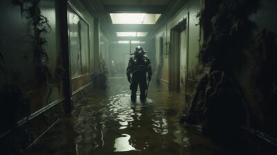 Vhs screengrab of 1970's film, interior hospital hallway with a 19th century dee...