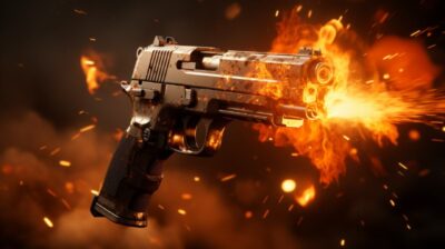 Pistol and bullet on fire photo-realistic, ultra sharp, simplicity, higher coher...