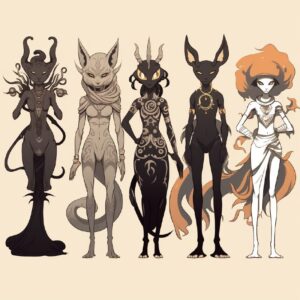 a set of different species of the seventh-dimension beings, in the style of ange...