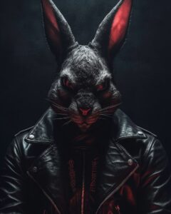 the rabbit evil angry with red eyes is standing in the shadow, in the style of g...