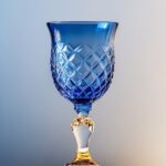 a beautiful carved glass of blue color, stands on a light tabletop on a light ba...
