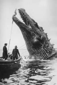 1900s photo of a giant sea monster caught by fishermen , --ar 2:3 --v 6.0by pabl...
