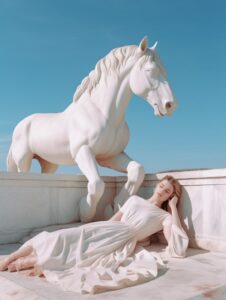 A girl in white is lying under an antique statue of a white horse, in the style ...