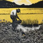 Simple block print, , simple printmaking, rice farming, korea, black and white a...