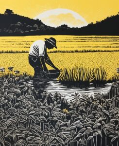 Simple block print, , simple printmaking, rice farming, korea, black and white a...