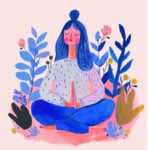 pink and blue pastel colors, minimal details, happy tempera gouache, woman in yo...