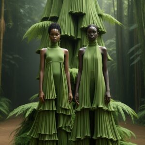 A pair of models are standing in a green dress, in the style of piles/ stacks, e...