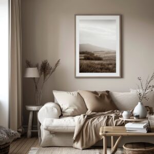 framed photo in hall, in the style of light brown and beige, sofa，minimalist bac...