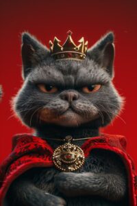 handsome , grumpy, With the crown on,,cute British short haired cat with a belly...