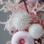 3d garden flowers, minimalist white, pink, purple sensory fantasy spheres, layer...