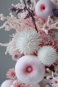 3d garden flowers, minimalist white, pink, purple sensory fantasy spheres, layer...