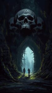 Giant Skull cave entrance, cark and gloomy, misy rising --v 5.1 --s 500 --c 10by...