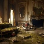 Napoleon empire style abandoned chateau living room with fireplace and broken go...