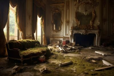 Napoleon empire style abandoned chateau living room with fireplace and broken go...