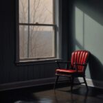 An oil painting in dark grey shows a vintage red chair with a window in the back...