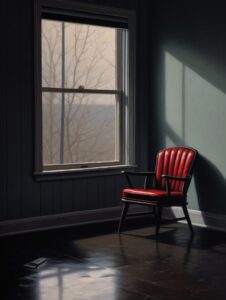 An oil painting in dark grey shows a vintage red chair with a window in the back...