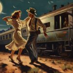 Painting by Roald Dahl of young cowboy and cowgirl dancing a two-step in the moo...