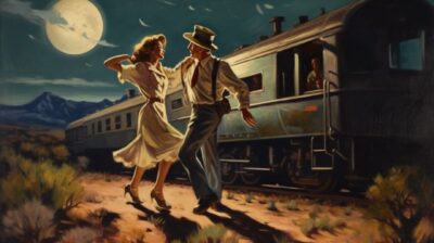 Painting by Roald Dahl of young cowboy and cowgirl dancing a two-step in the moo...