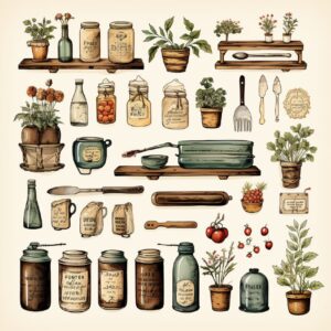 A collection of vintage farmhouse kitchenalia clip art, countrycore, cottagecore...