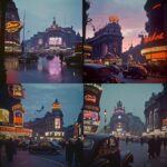 1946 Kodachrome picture of postwar Piccadilly Circus at dusk, colourful neon sig...